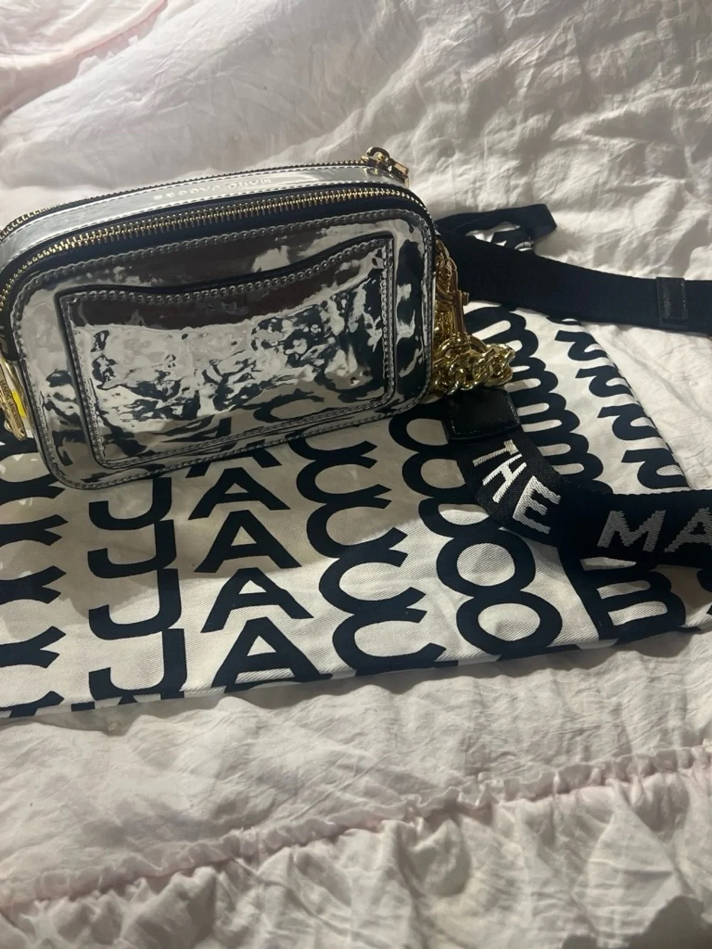 Marc Jacobs Silver Metallic Camera Crossbody with Gold Chain Accents